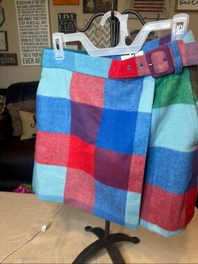 Plaid Wool-Blend Mini Skirt in Red, Blue & Aqua with Matching Belt